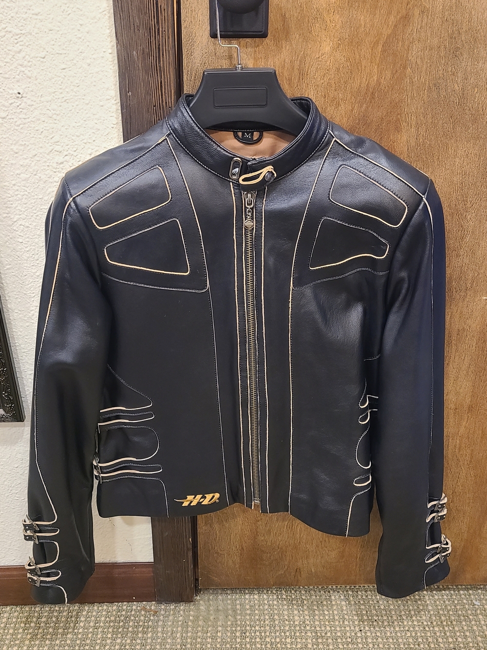 Harley-Davidson Black Leather Bomber Jacket with Cream Piping
